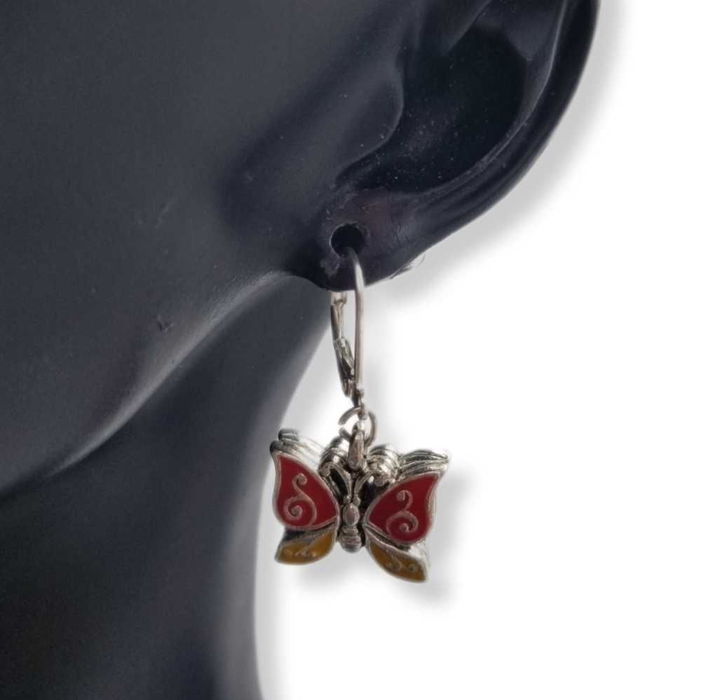 Vintage Enamel Butterfly Dangle Earrings - Silver Tone Red & Yellow - Picture 2 of 6